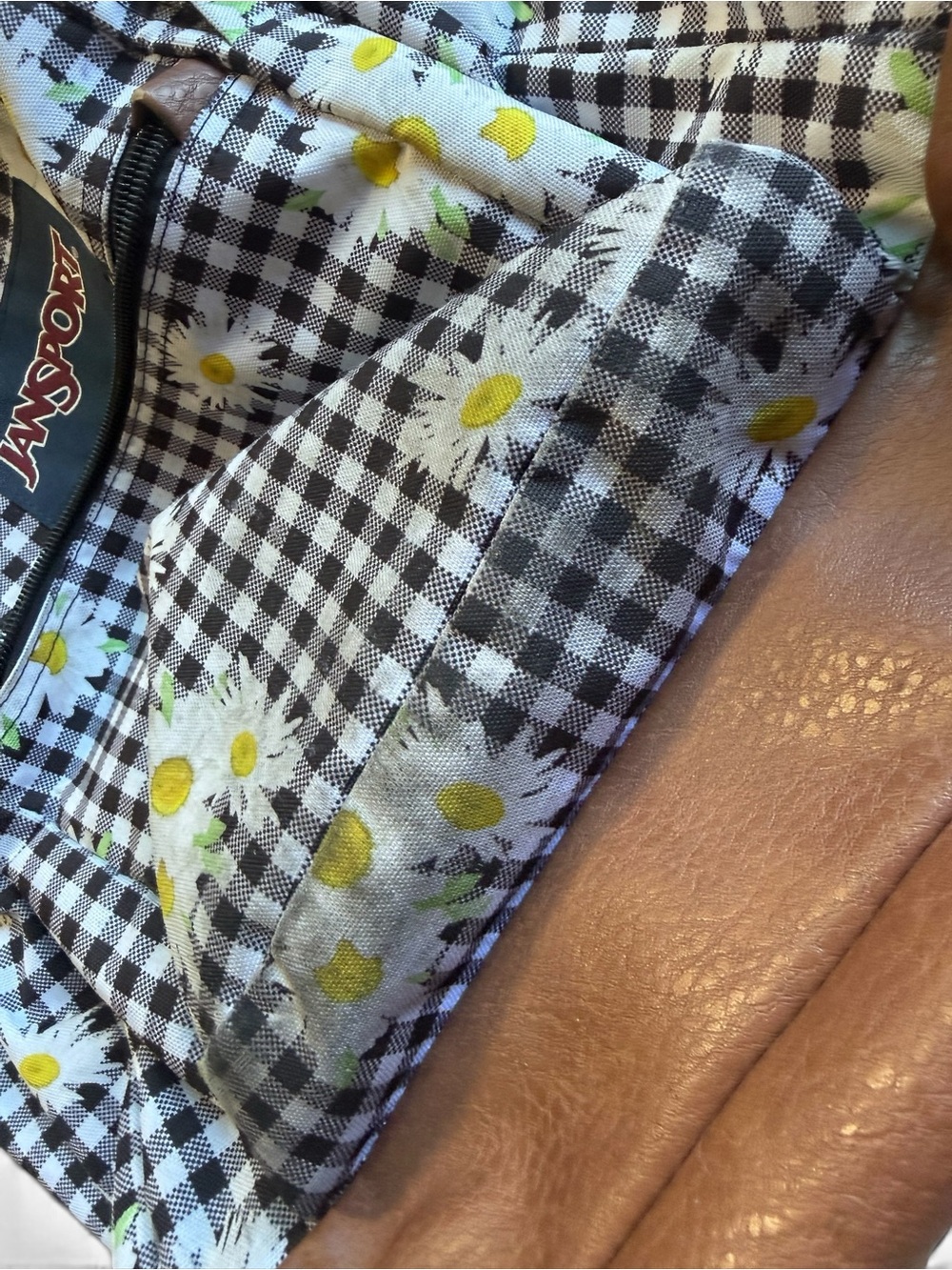 JanSport Black & White Gingham Daisy Print Backpack with Brown Base - Picture 4 of 4